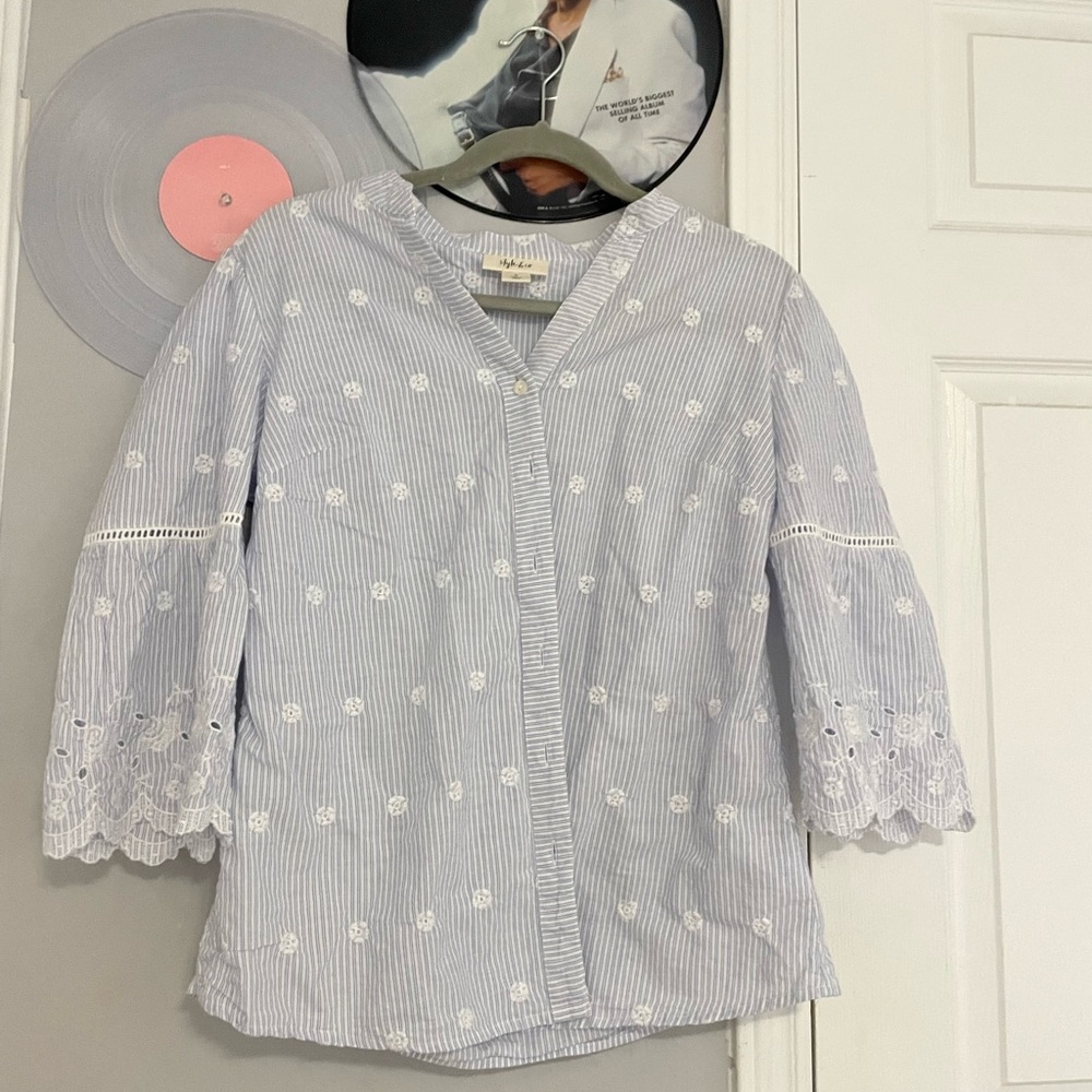 Style & Co. women’s Blue Striped Blouse with White Embroidery